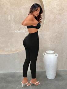 SHEIN SXY Đơn vị Nữ Lộ Lưng Cắt ra Nhẫn Xù màu trơn - màu đen - Xem 5