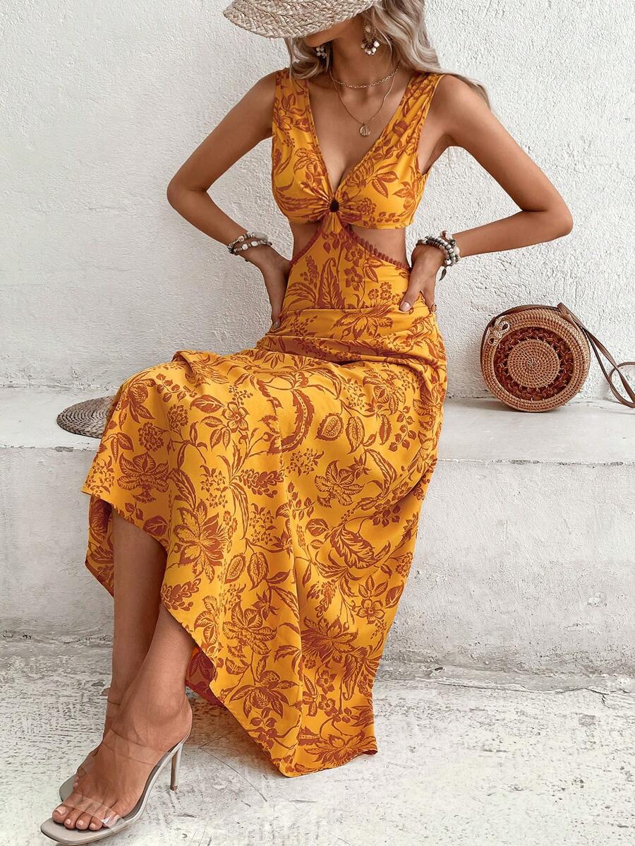 Breezaya 植物印花镂空腰身连衣裙 长款度假海滩装 女款 - 黃色 - 查看 1