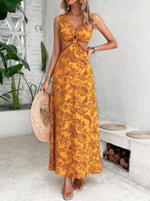 Breezaya 植物印花镂空腰身连衣裙 长款度假海滩装 女款 - 黃色 - 查看 3
