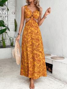 Breezaya 植物印花镂空腰身连衣裙 长款度假海滩装 女款 - 黃色 - 查看 4