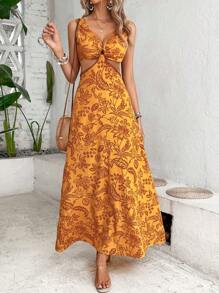 Breezaya 植物印花镂空腰身连衣裙 长款度假海滩装 女款 - 黃色 - 查看 6