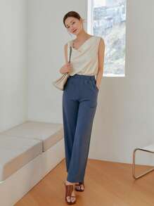 DAZY 纯色垂坠前无袖衬衫外出上衣 - 米色 - 查看 4