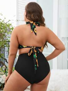 SHEIN Swim Curve 大碼向日葵圖案吊脖連體泳衣 - 彩色 - 查看 2