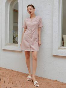 DAZY 雙口袋前排扣連衣裙 - 粉色 - 查看 3