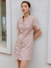 DAZY 雙口袋前排扣連衣裙 - 粉色 - 查看 1