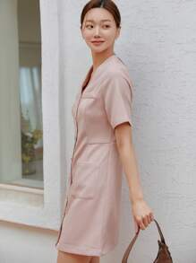 DAZY 雙口袋前排扣連衣裙 - 粉色 - 查看 5