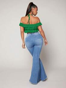 SHEIN SXY Áo sơ mi nữ Hội Chữ thập Xù Buộc lại màu trơn Giải trí - màu xanh lá - Xem 1