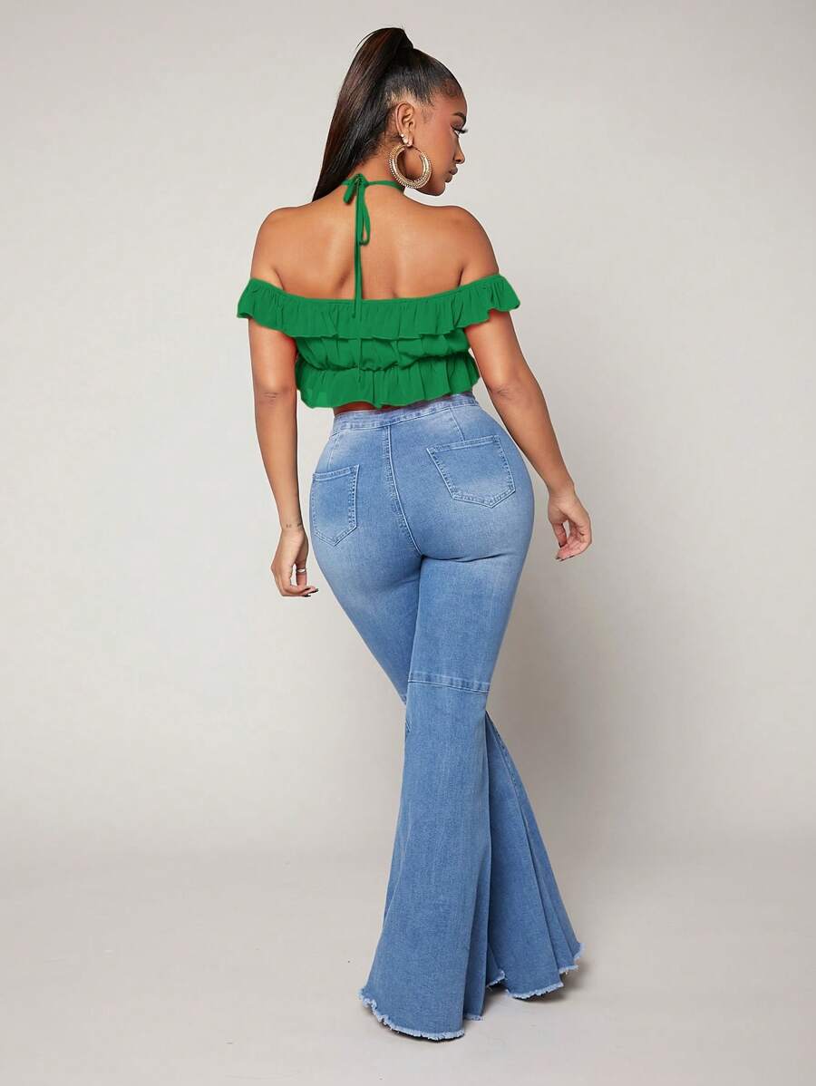 SHEIN SXY Áo sơ mi nữ Hội Chữ thập Xù Buộc lại màu trơn Giải trí - màu xanh lá - Xem 1