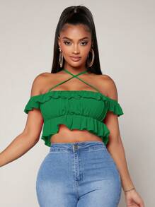 SHEIN SXY Áo sơ mi nữ Hội Chữ thập Xù Buộc lại màu trơn Giải trí - màu xanh lá - Xem 3