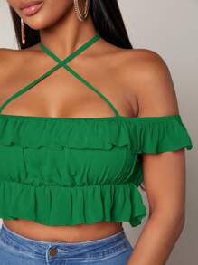 SHEIN SXY Áo sơ mi nữ Hội Chữ thập Xù Buộc lại màu trơn Giải trí - màu xanh lá - Xem 5