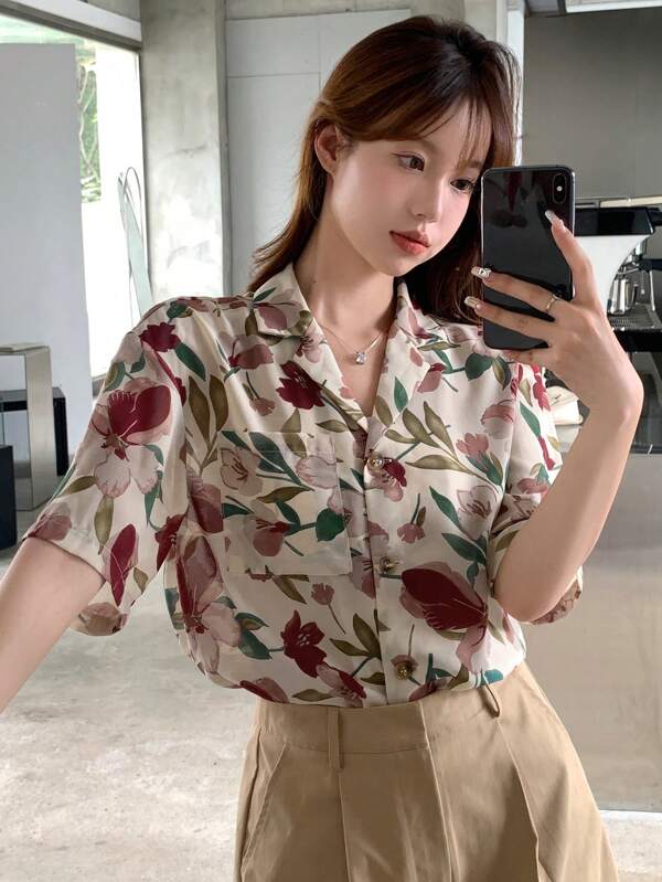 Dazy Designer Floral Print Lapel Neck Shirt