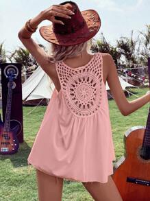 Breezaya Solid Contrast Crochet Sleeveless Blouse - Pink - View 2