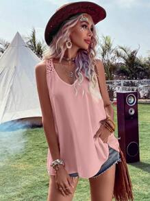 Breezaya Solid Contrast Crochet Sleeveless Blouse - Pink - View 3