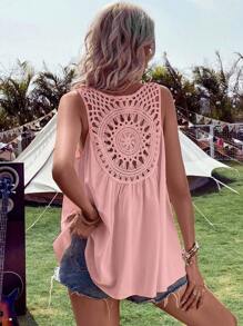 Breezaya Solid Contrast Crochet Sleeveless Blouse - Pink - View 4
