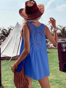 Breezaya Solid Contrast Crochet Sleeveless Blouse - Royal Blue - View 1