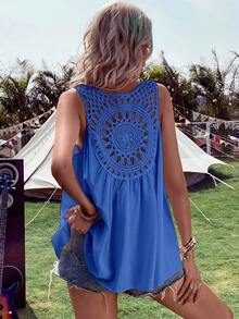 Breezaya Solid Contrast Crochet Sleeveless Blouse - Royal Blue - View 2
