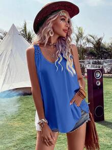 Breezaya Solid Contrast Crochet Sleeveless Blouse - Royal Blue - View 4