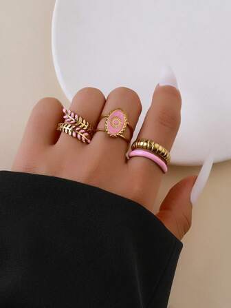 3 件不锈钢时尚粉色系列开口可调节不锈钢戒指，适合女性日常装饰或送礼