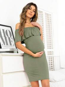 DEARCASE 孕婦一字肩荷葉邊緊身洋裝 - 軍綠色 - 查看 3
