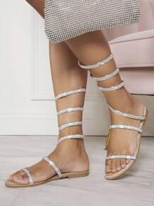 SHUZIA 单带环绕踝平底凉鞋夏季鞋春季鞋春假鞋复活节度假鞋休闲鞋沙滩鞋母亲节礼物 - 銀色 - 查看 4