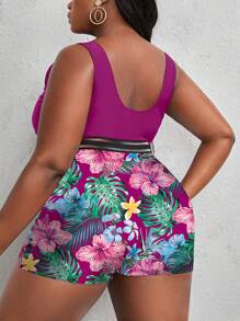 SHEIN Swim Curve Bañador una pieza con estampado tropical de malla en contraste - Multicolor - Ver 2