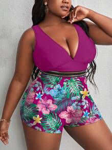 SHEIN Swim Curve Bañador una pieza con estampado tropical de malla en contraste - Multicolor - Ver 3