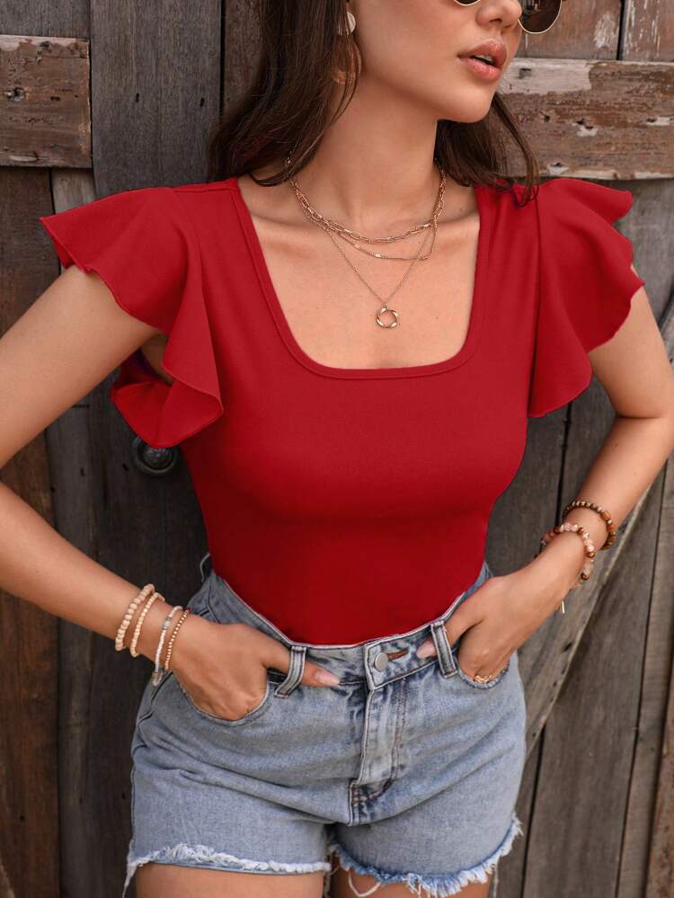 Women's Square Neck Ruffle Short Sleeve T-Shirt Pink Shirt