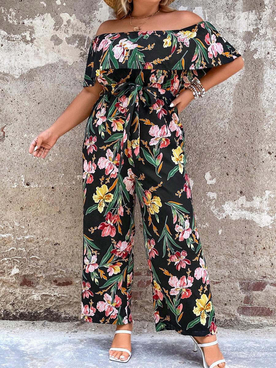 SHEIN LUNE Plus Floral Print Off Shoulder Ruffle Trim Belted Jumpsuit - Multicolor - View 1