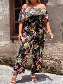 SHEIN LUNE Plus Floral Print Off Shoulder Ruffle Trim Belted Jumpsuit - Multicolor - View 3