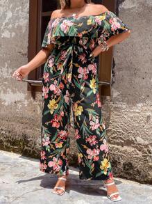 SHEIN LUNE Plus Floral Print Off Shoulder Ruffle Trim Belted Jumpsuit - Multicolor - View 4