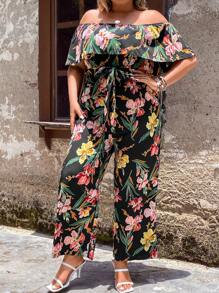 SHEIN LUNE Plus Floral Print Off Shoulder Ruffle Trim Belted Jumpsuit - Multicolor - View 5