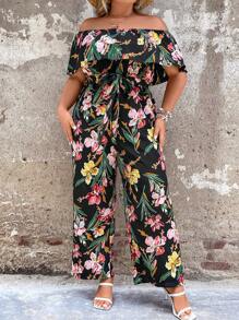 SHEIN LUNE Plus Floral Print Off Shoulder Ruffle Trim Belted Jumpsuit - Multicolor - View 6