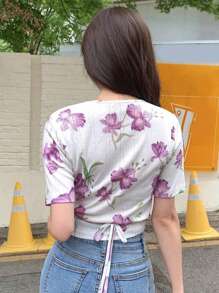 DAZY In hoa Surplice cổ Áo thun - trắng - Xem 2