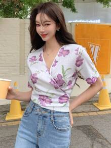 DAZY In hoa Surplice cổ Áo thun - trắng - Xem 4