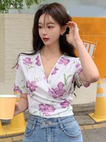 DAZY In hoa Surplice cổ Áo thun - trắng - Xem 5