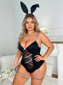 大碼網紗拼接前交叉兔子戲服連體衣和頭巾