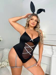 大碼網紗拼接前交叉兔子戲服連體衣和頭巾