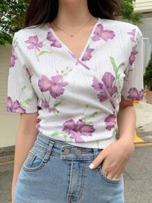 DAZY In hoa Surplice cổ Áo thun - trắng - Xem 3