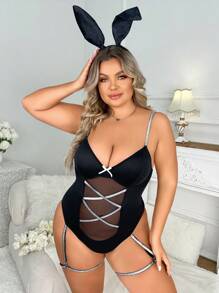 大碼網紗拼接前交叉兔子戲服連體衣和頭巾