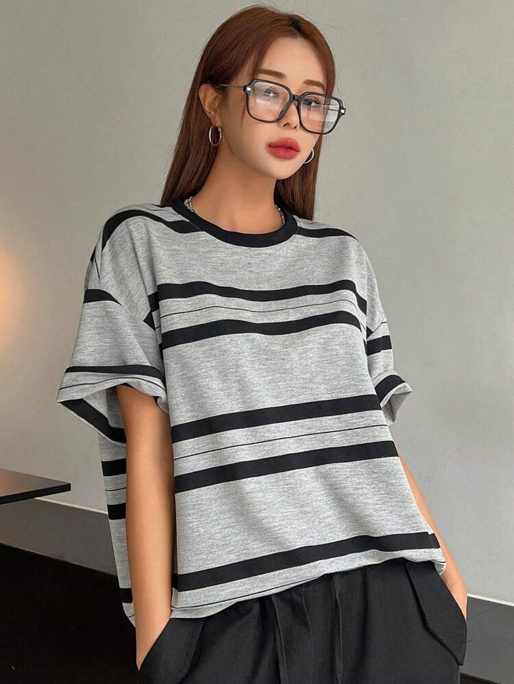 Striped Print Drop Shoulder Tee