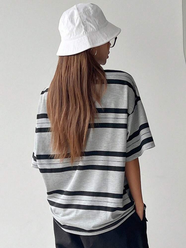 Striped Print Drop Shoulder Tee