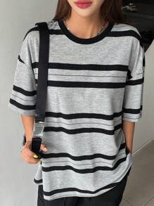 DAZY 條紋印花露肩t恤衫 - 淺灰色 - 查看 5