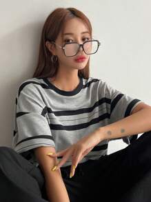 DAZY 條紋印花露肩t恤衫 - 淺灰色 - 查看 6