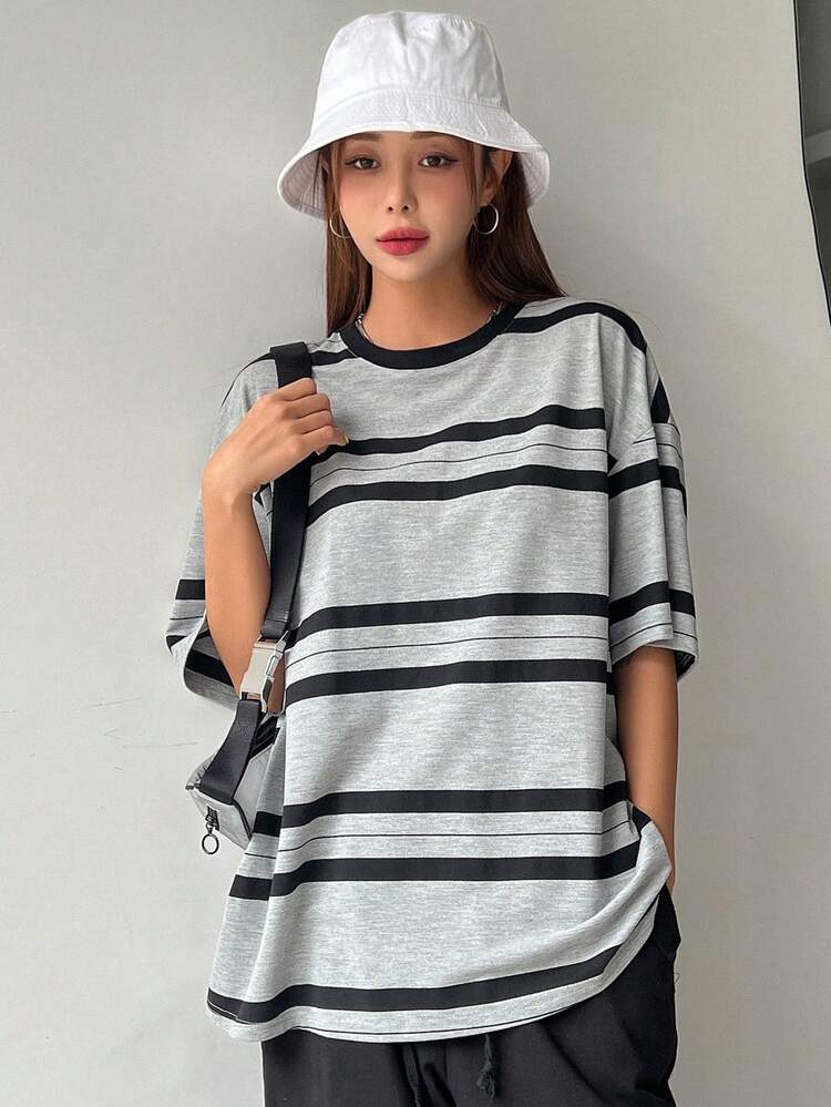 Striped Print Drop Shoulder Tee