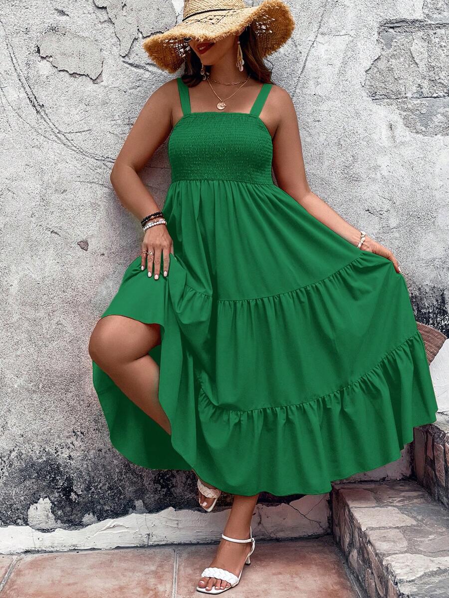 SHEIN LUNE Đầm Plus Size Viên lá sen Dải chun màu trơn Boho - màu xanh lá - Xem 1