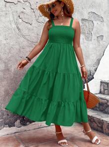 SHEIN LUNE Đầm Plus Size Viên lá sen Dải chun màu trơn Boho - màu xanh lá - Xem 4