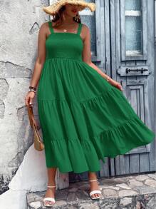 SHEIN LUNE Đầm Plus Size Viên lá sen Dải chun màu trơn Boho - màu xanh lá - Xem 6