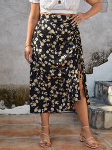 SHEIN Frenchy Váy Plus Size Dây kéo Xù Tách cao Hoa Tất cả trên in Boho - màu đen - Xem 1