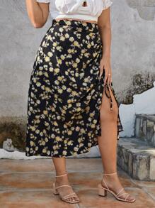 SHEIN Frenchy Váy Plus Size Dây kéo Xù Tách cao Hoa Tất cả trên in Boho - màu đen - Xem 3