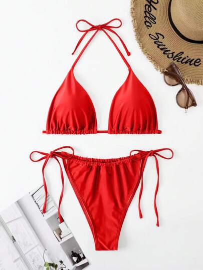 Slaydiva 2025 Plus Size Women Summer Beach Solid Color Halter Tie Sexy Bikini Swimsuit Set